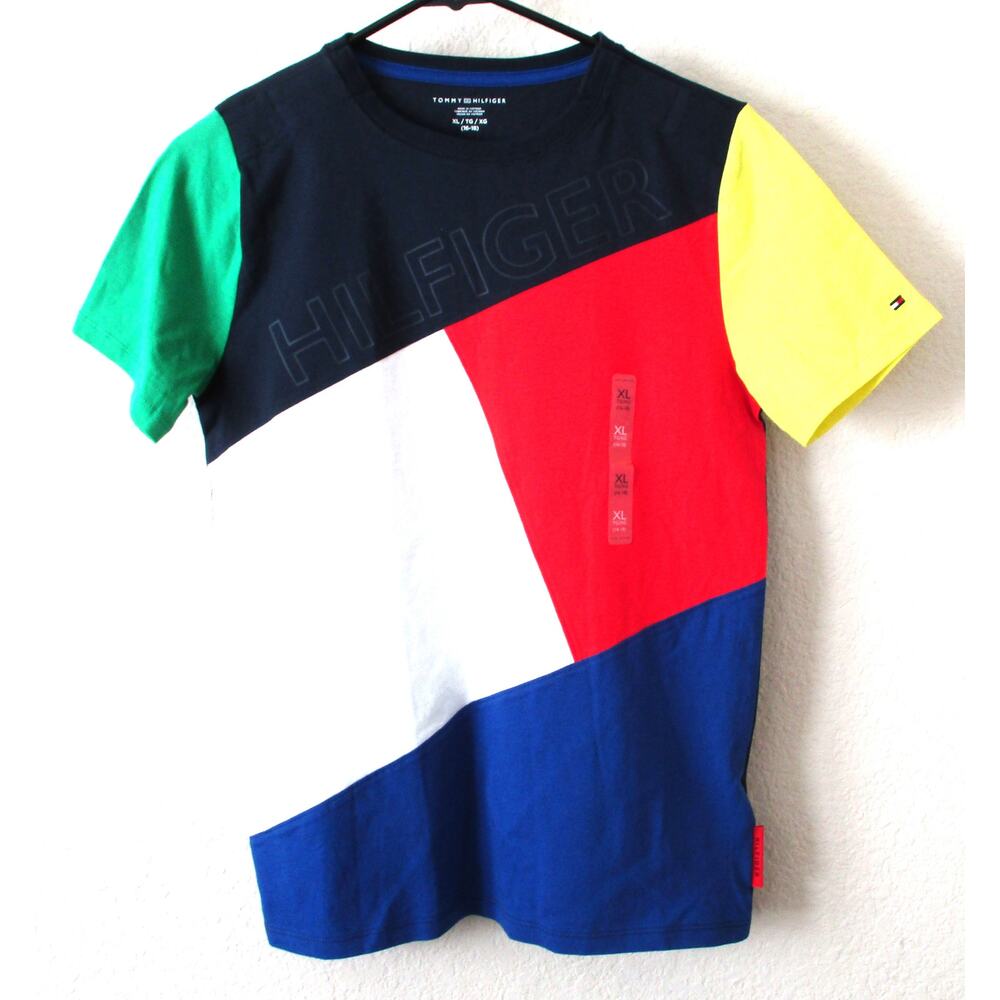New TOMMY HILFIGER Adaptive Color Block Flag T-Shirt Boys XL 16-18